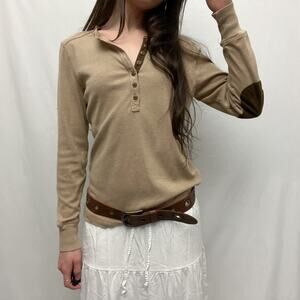 lauren ralph lauren tan brown equestrian boho henley elbow patch button top